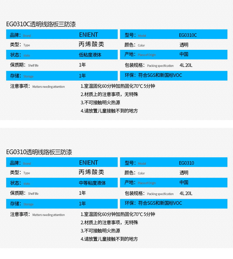 EG0310透明線路板三防漆具有優(yōu)異的防水、防潮、防塵、絕緣性能，同時耐冷熱沖擊、耐老化、耐輻射、耐鹽霧、耐腐蝕、耐振動、耐電弧，柔韌性、附著力等性能良好，帶熒光指示，可檢查噴涂是否到位。