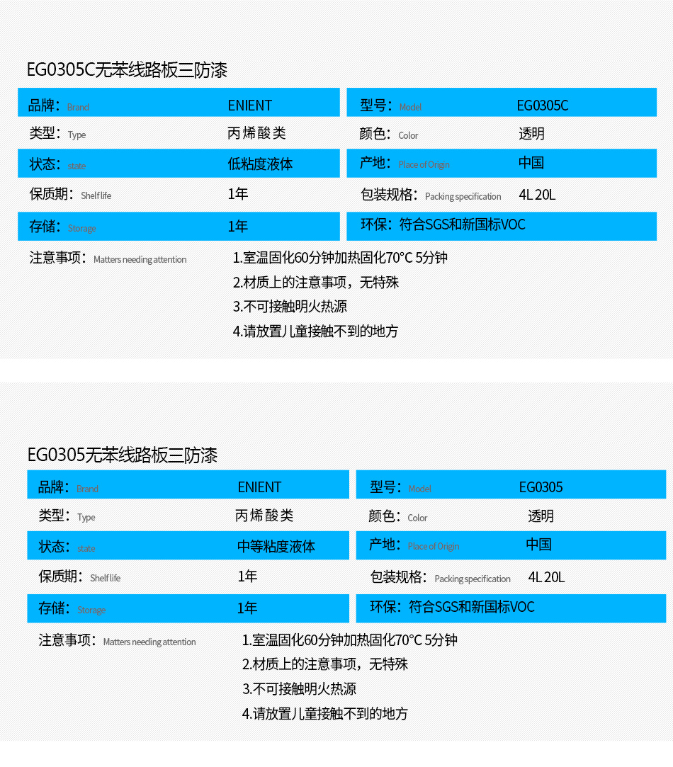 EG0305無(wú)苯線路板三防漆具有優(yōu)異的防水、防潮、防塵、絕緣性能，同時(shí)耐冷熱沖擊、耐老化、耐輻射、耐鹽霧、耐腐蝕、耐振動(dòng)、耐電弧，柔韌性、附著力等性能良好，帶熒光指示，可檢查噴涂是否到位。