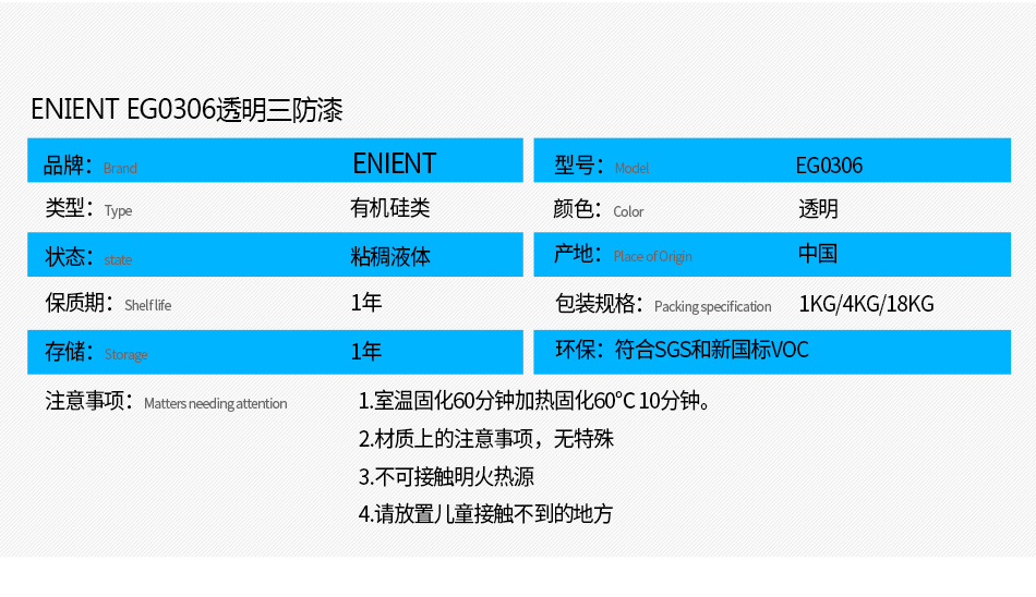 EG0306透明披覆膠注意事項(xiàng)： 1.室溫固化60分鐘加熱固化60℃10分鐘。 2.材質(zhì)上的注意事項(xiàng)，例如不可用于哪些材質(zhì) 3.不可接觸明火熱源 4.請放置兒童接觸不到的地方